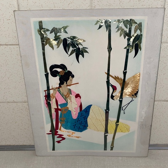 Asian Lady Hand Cut & Painted Wheat on Silk Art with Bamboo and Crane VINTAGE